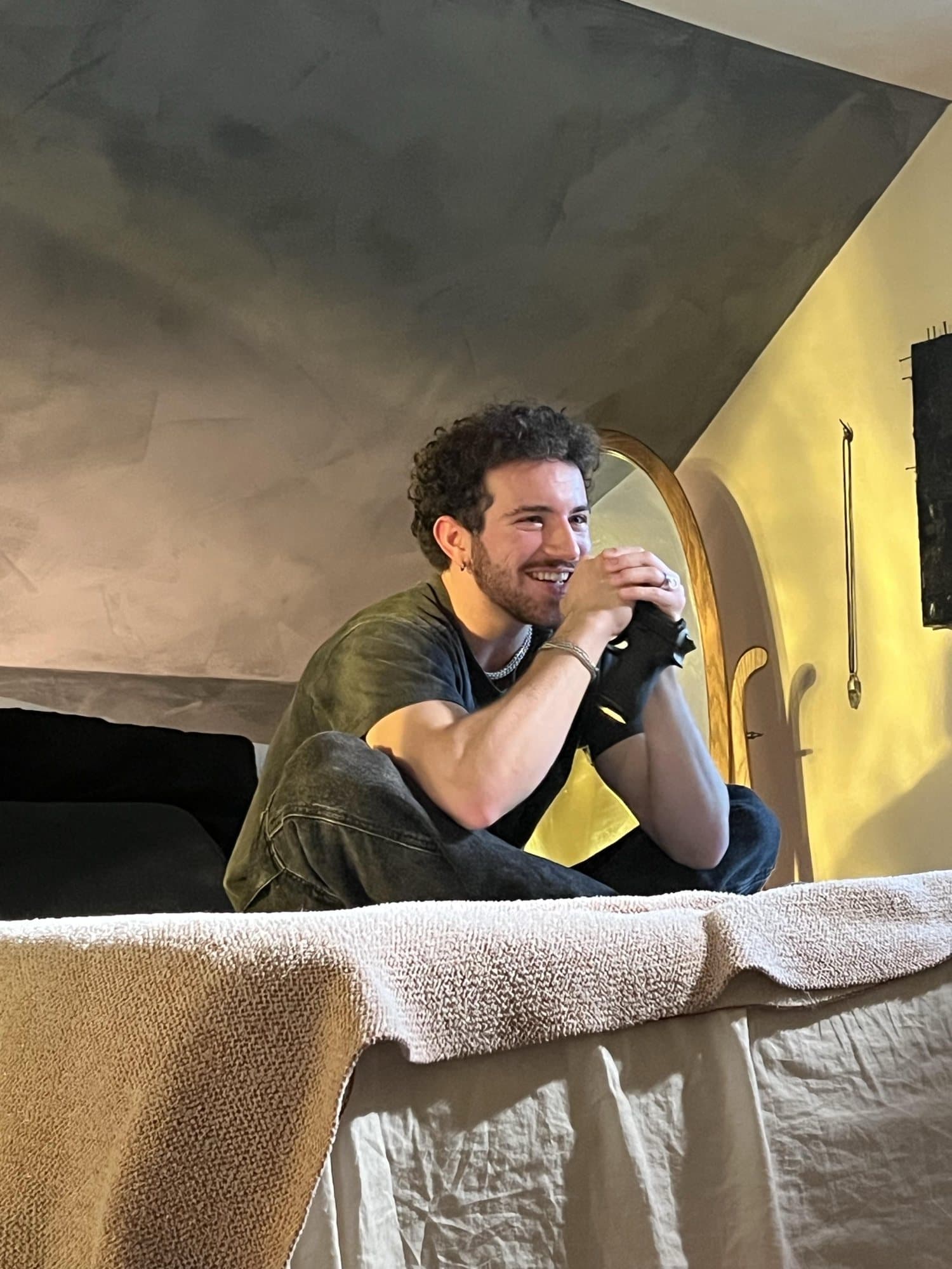AJ DeAugustine between takes on the set of Warm / Closure